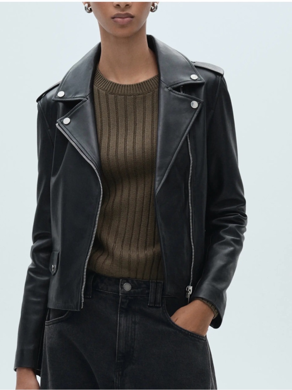 Leather Black Biker Jacket MANGO Size L